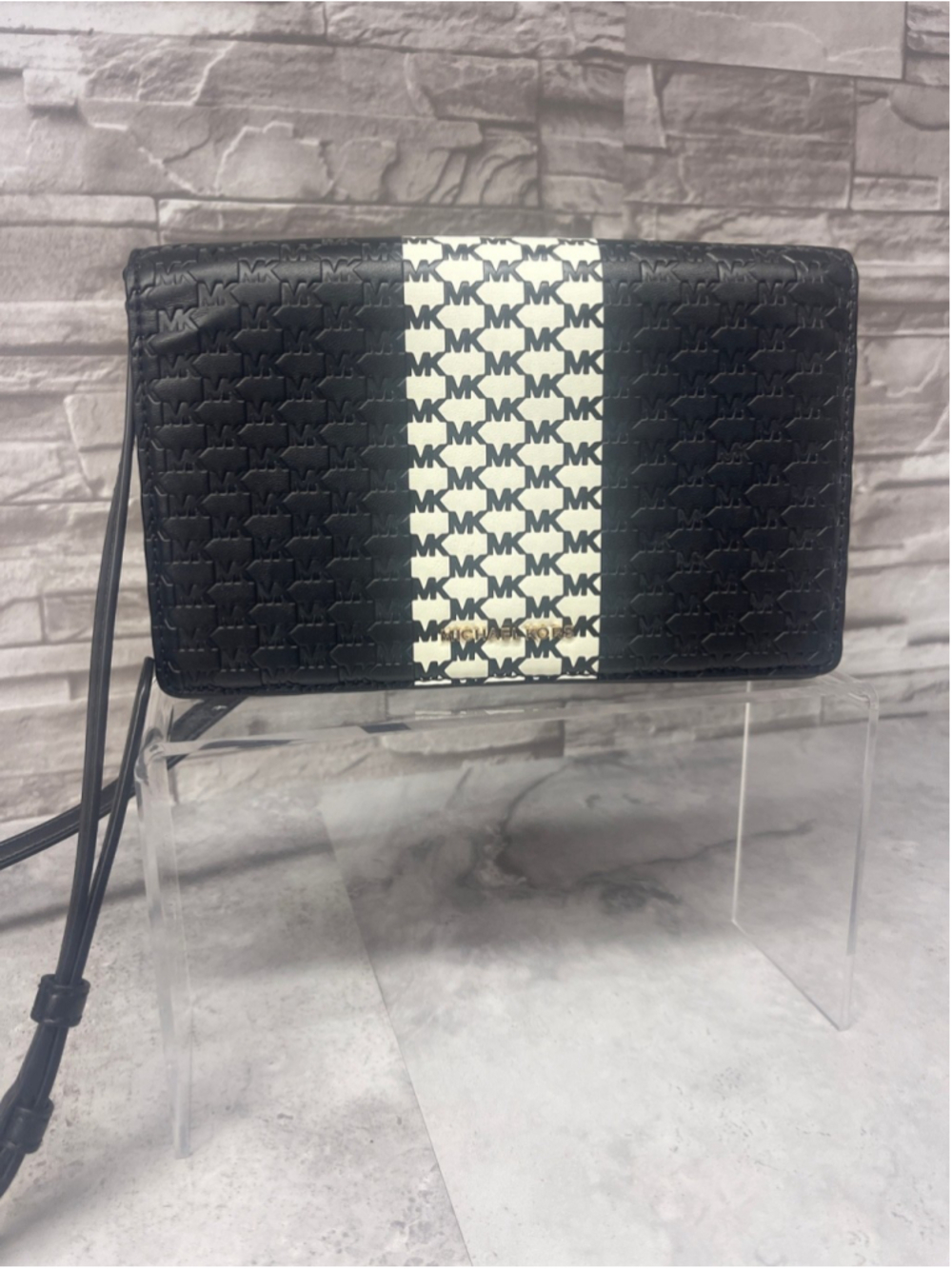 Michael Kors Jet Set Logo Medium Flap Crossbody Bag Black White Center Stripe